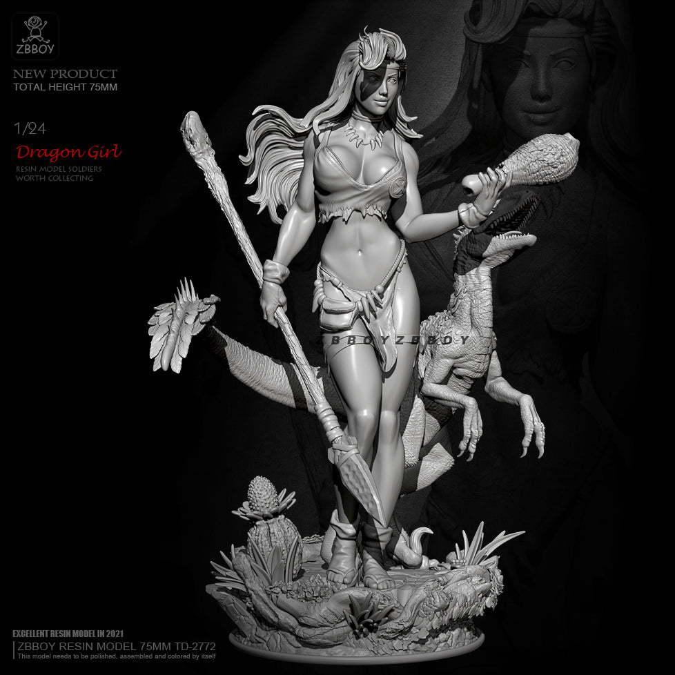1/24 75mm Resin Model Kit Amazon Beautiful Girl and Dinosaur TD-2772 Unpainted