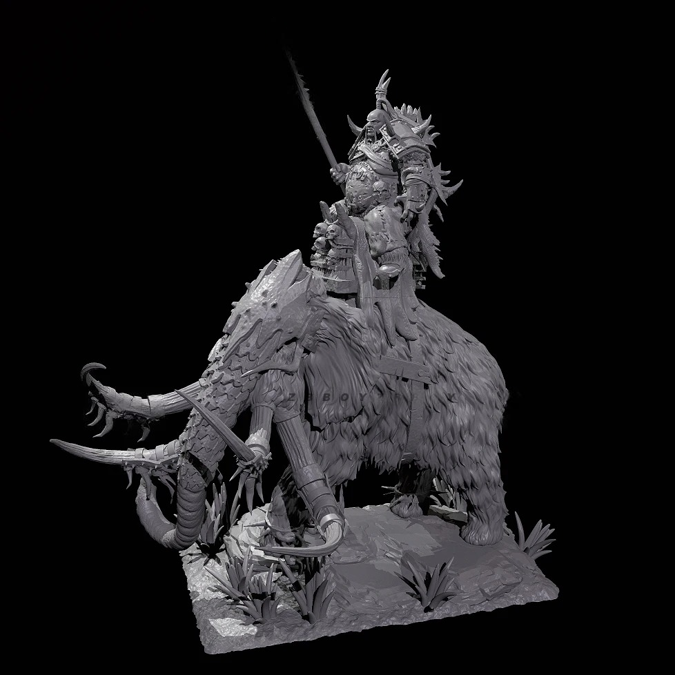 90mm 3D Print Model Kit Primitive Barbarian Northern Giant on Mammoth Unpainted