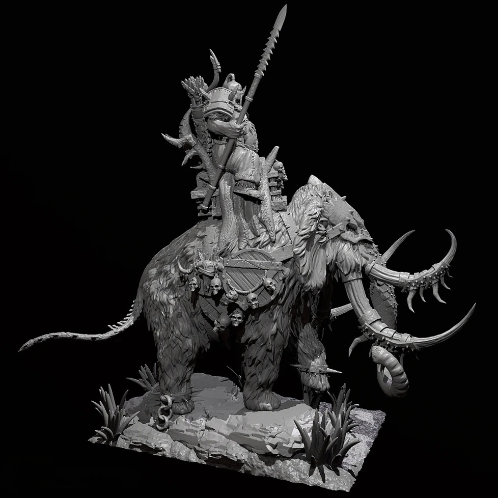 90mm 3D Print Model Kit Primitive Barbarian Northern Giant on Mammoth Unpainted