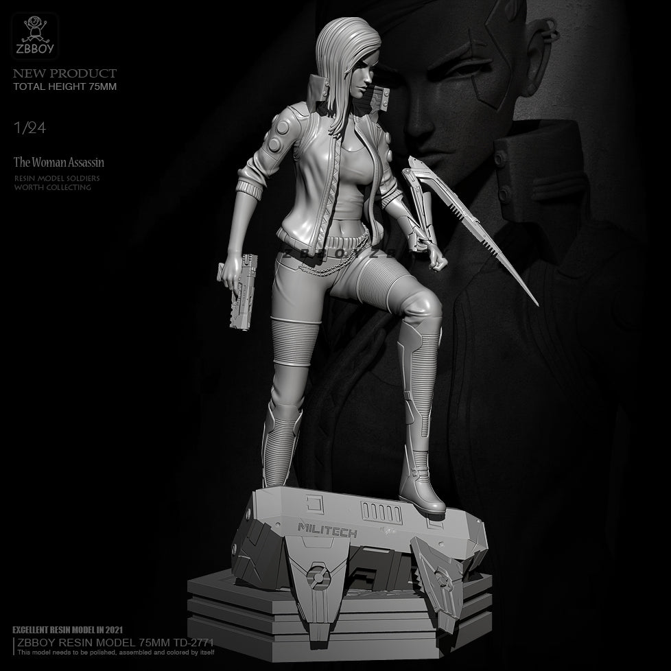 1/24 75mm Resin Cyberpunk Model Kit Beautiful Girl Woman Assassin Unpainted