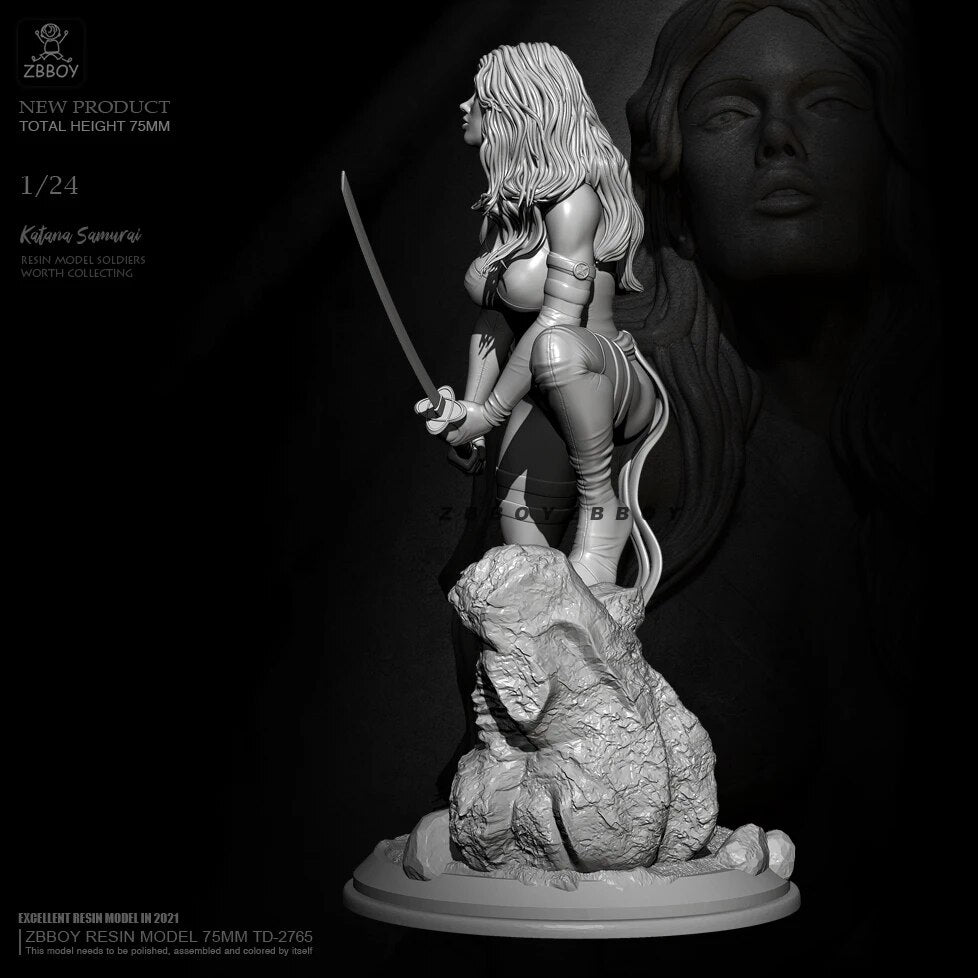 1/24 75mm 3D Print Model Kit Beautiful Girl with Samurai Sword Unpainted