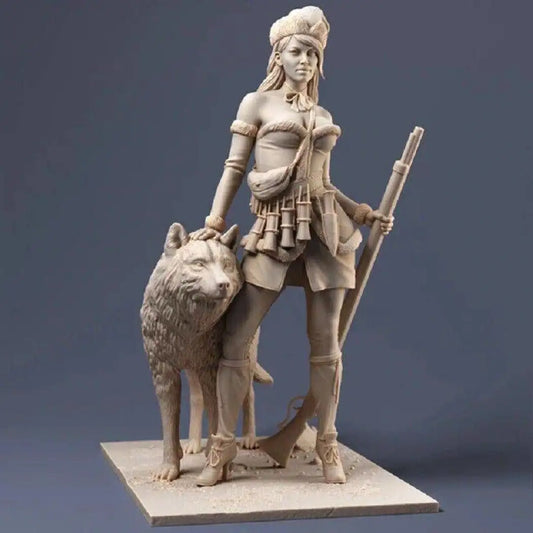 1/24 70mm Resin Model Kit Beautiful Girl Woman Huntress with a Wolf Unpainted - Model-Fan-Store