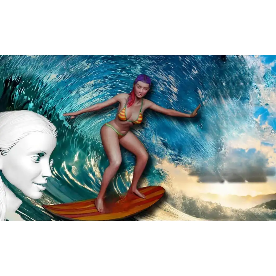 1/16 Resin Model Kit Beautiful Girl Surfing Bikini Summer Beach Unpainted