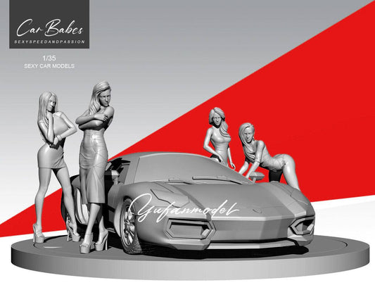 1/35 Resin Model Kit Modern Beautiful Girls with Speed Racing Car Unpainted - Model-Fan-Store